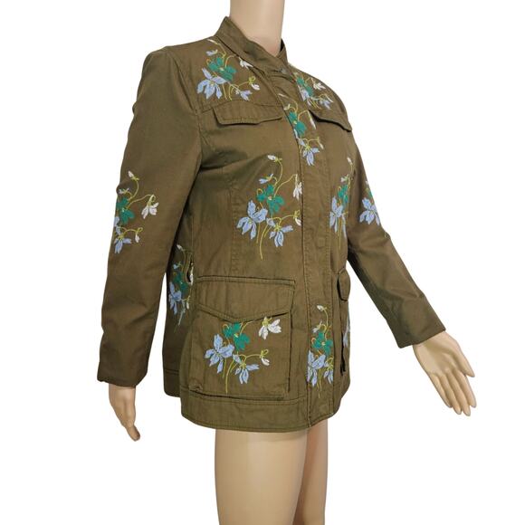 Olive Embroidered Floral Belted Zip Up Utility Standing Collar Jacket Size Med - Picture 4 of 10